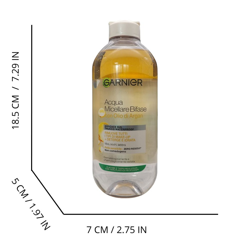 GARNIER Skin Active Acqua Micellare Bifase Con Olio D'argan, per Trucco Waterproof ad Azione Struccante Detergente Idratante Senza Risciacquo per Viso Occhi Labbra con Formula Senza Profumo, 400ml.