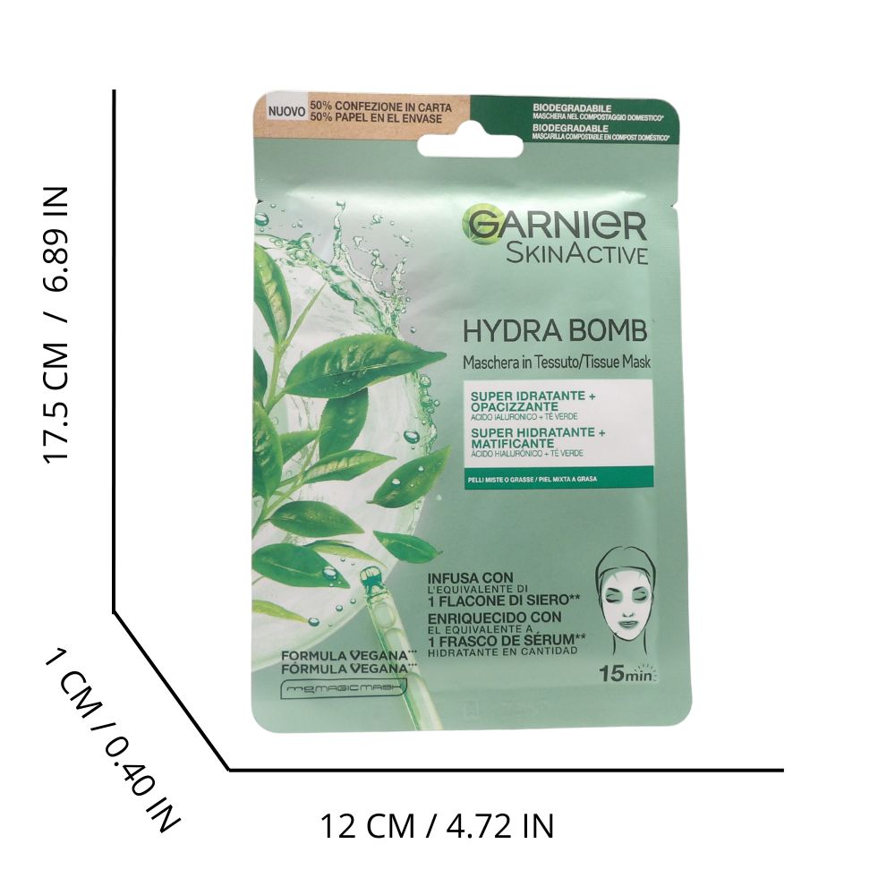 GARNIER Skinactive Hydra Bomb Super Idratante Opacizzante per pelli miste o grasse, Maschera In Tessuto con Acido Ialuronico + Tè Verde 28g