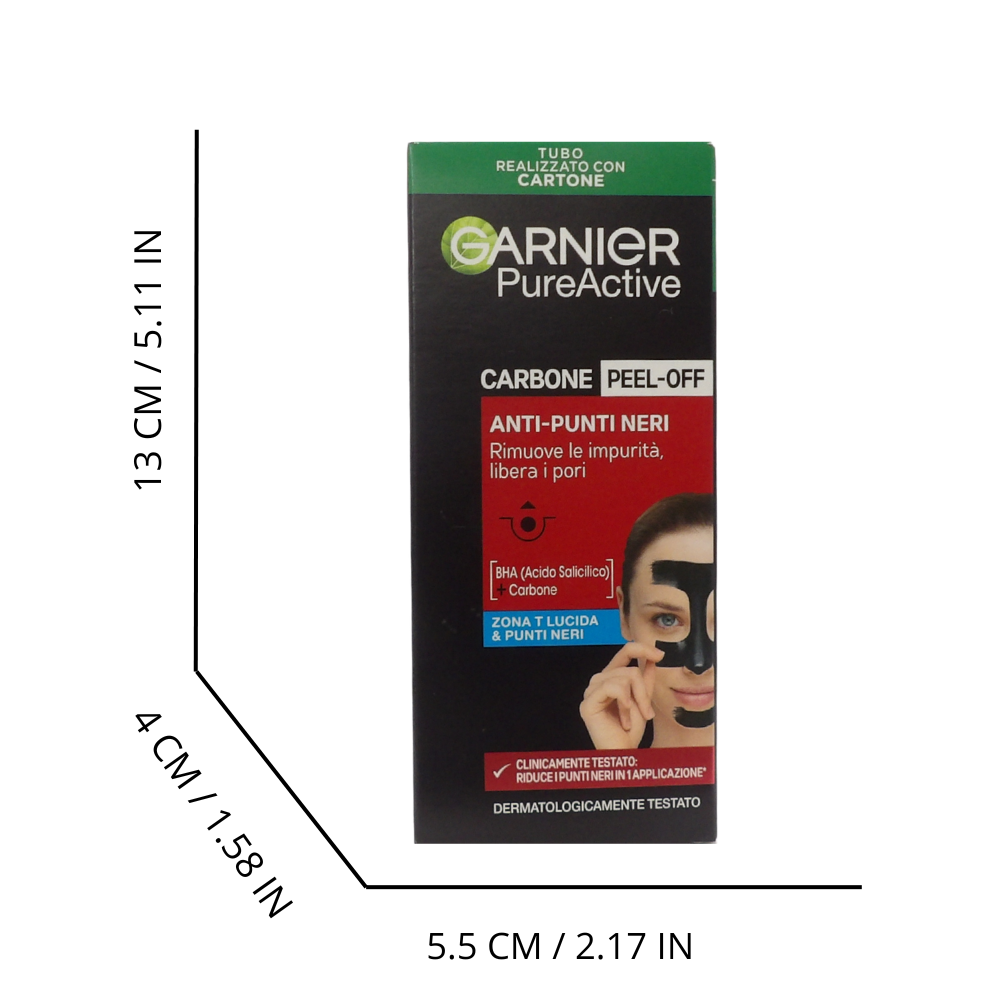 GARNIER Maschera Peel-Off Pure Active Charcoal, Gel Detergente Arricchito con Carbone e Acido Salicidico, per La Zona T, Anti Imperfezioni e Punti Neri, 50ml