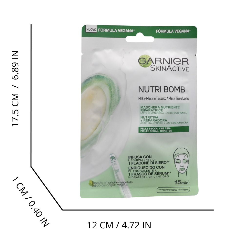 GARNIER Maschera in panno maschera viso per pelle secca ed eccitante, cura intensiva e rigenerazione, formula vegana con latte di mandorle e acido ialuronico, Nutri Bomb, 28 g