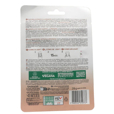 GARNIER Maschera in Tessuto Nutriente e Illuminante Skin Active Nutri Bomb, Per Pelli Secche e Spente, Effetto Rimpolpante, Con Latte di Cocco e Acido Ialuronico