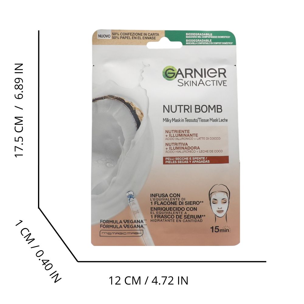 GARNIER Maschera in Tessuto Nutriente e Illuminante Skin Active Nutri Bomb, Per Pelli Secche e Spente, Effetto Rimpolpante, Con Latte di Cocco e Acido Ialuronico