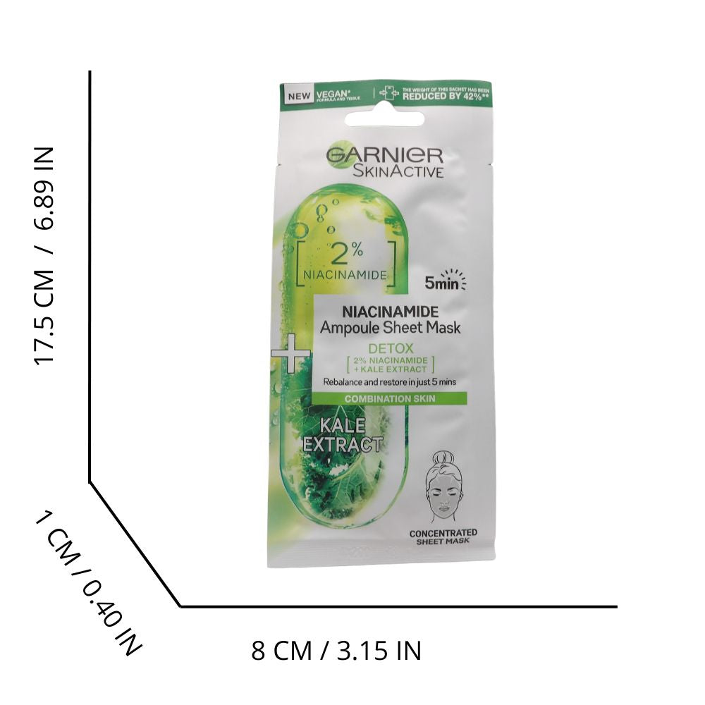 GARNIER Maschera in Tessuto Ampolla Detox Purificante, Per Pelli Miste e Grasse, Estratto di Cavolo Nero e Niacinamide