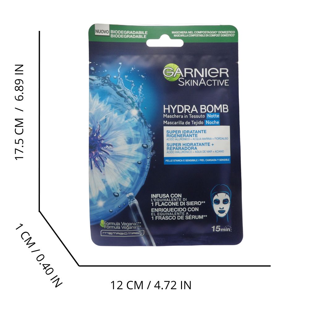 GARNIER Maschera In Tessuto, HYDRA BOMB Notte, Super Idratante Rigenerante, Con Acido Ialuronico, Acqua Marina e Fiordaliso 28g