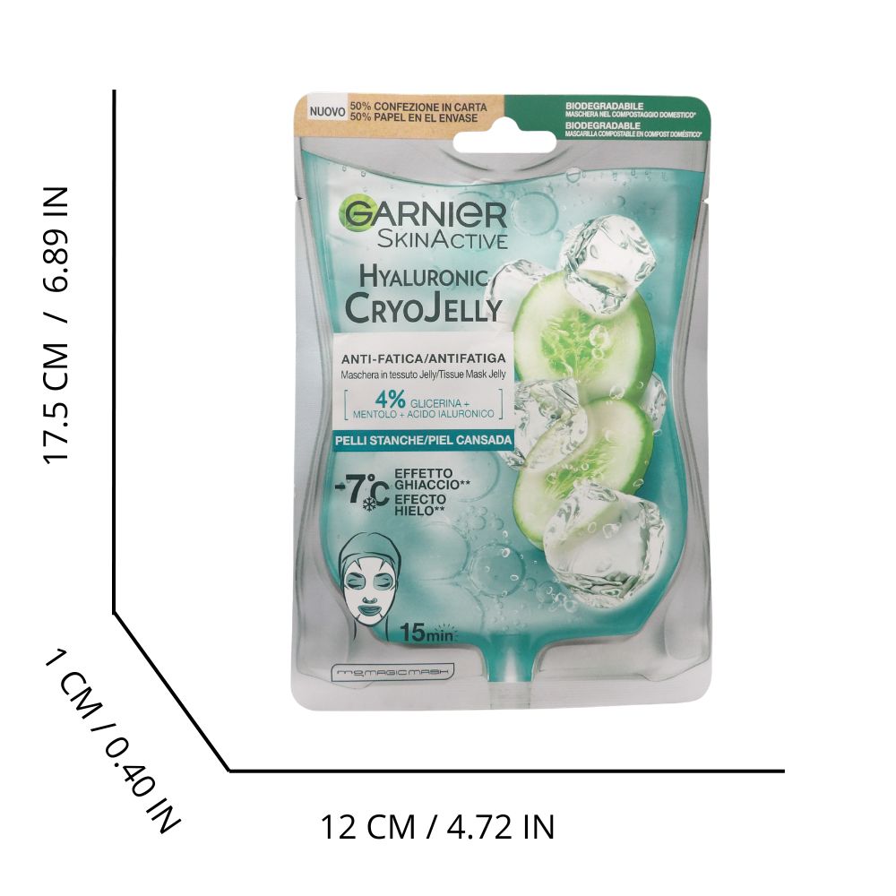 GARNIER Maschera In Tessuto Viso, HYALURONIC CRYO JELLY, Anti-Fatica, Per Pelli Stanche. -7°C Effetto Ghiaccio, 4% Glicerina + Mentolo + Acido Ialuronico 27g