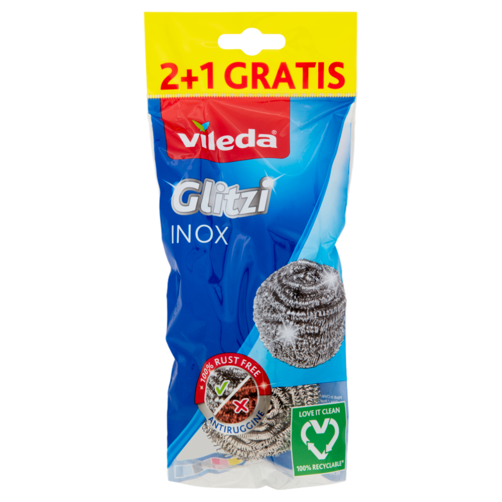 Vileda Spugna GLITZI INOX, Confezione Da 3 Pagliette In Acciaio. Ideale Contro Le Incrostazioni Delle Pentole e Per La Pulizia a Fondo Di Tutte Le Superfici Particolarmente Incrostate. Non Arrugginisce Perché In Acciaio Inox