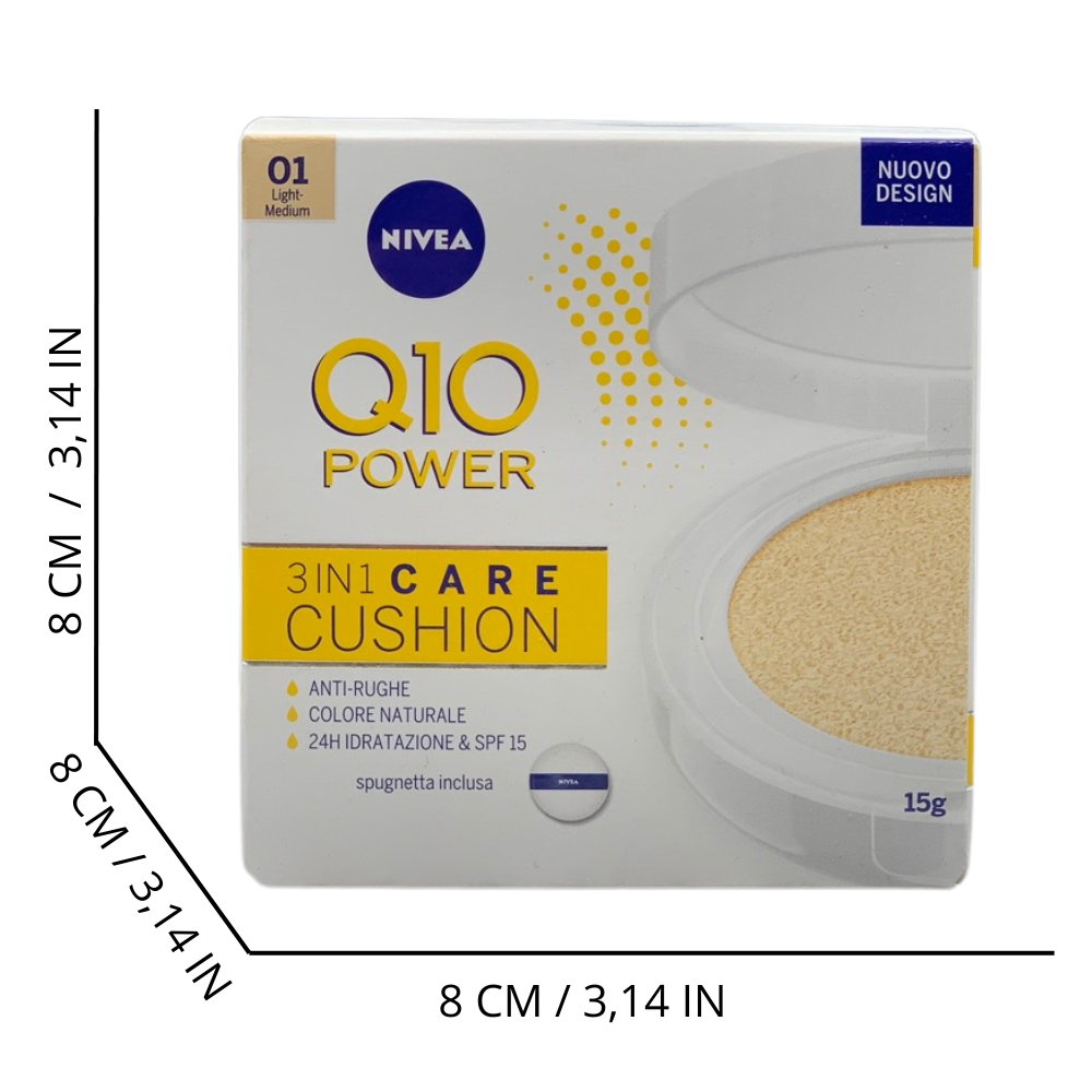 NIVEAFondotinta Q10plus, SPF15, Anti-Age, 3in1 Skin Care CUSHION, 24h Di Idratazione. N°01 Light-Medium 15g