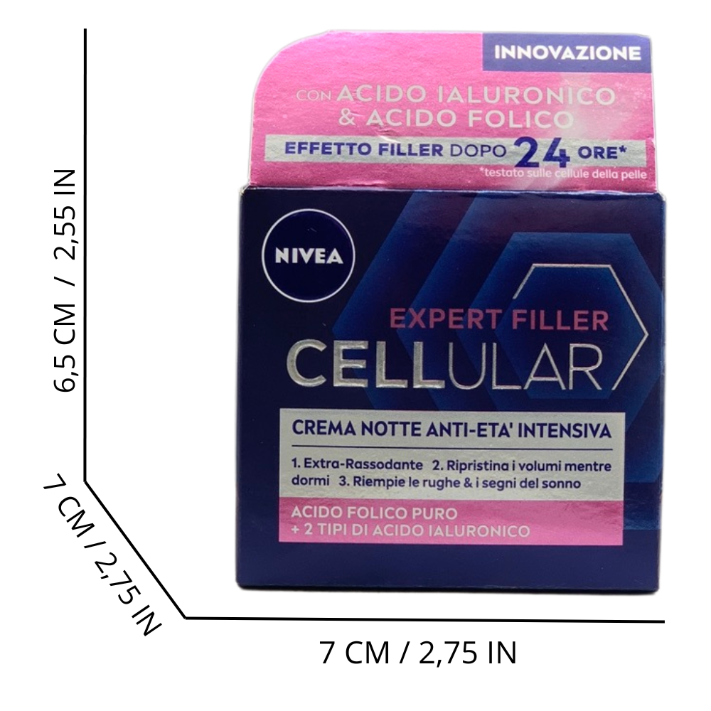 NIVEA CELLULAR EXPERT FILLER Crema Notte Anti-Età Intensiva SPF 15 50ml, Crema viso antirughe rassodante, Crema viso Acido Ialuronico e Acido Folico Puro, Crema viso notte anti-age