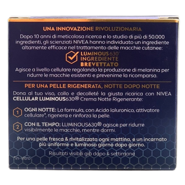NIVEA Luminous630 Anti-Macchie Crema Notte Rigenerante 50 ml, Crema viso antirughe e antimacchia con Acido Ialuronico e Thiamidol brevettato, Efficiacia antimacchie viso per una pelle rinnovata