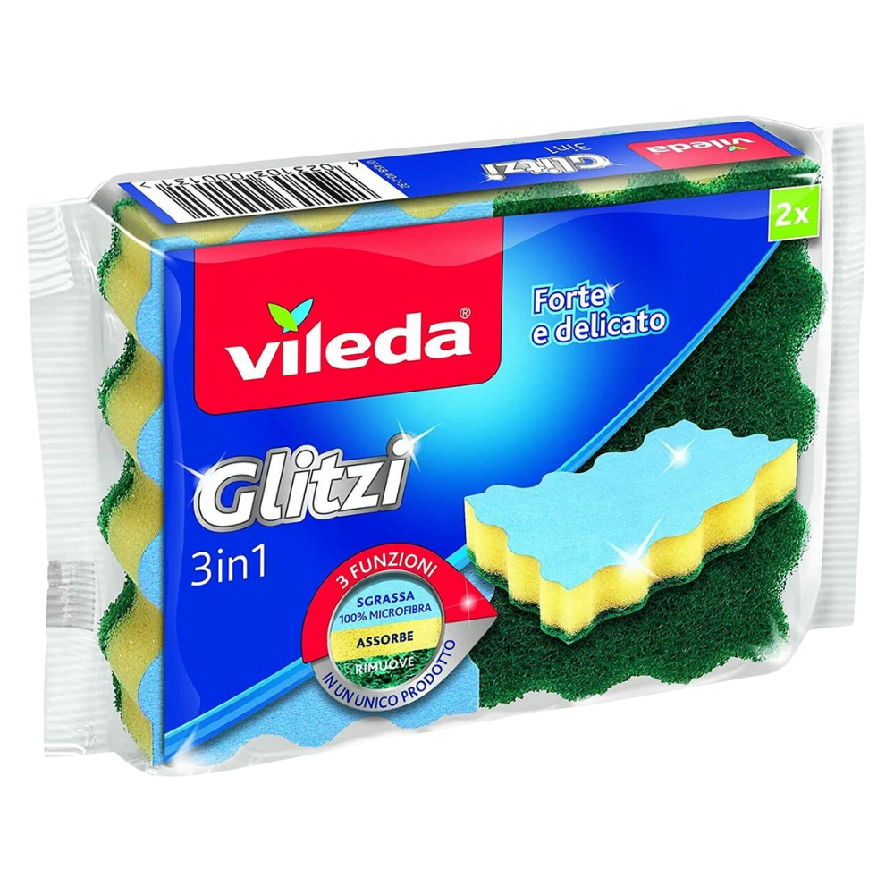 Vileda Spugna GLITZI 3In1 Pulisce e Fa Brillare. L'Innovativa Spugna Abrasiva Che Racchiude 3 Funzioni In Un Unico Prodotto: La Fibra Verde Pulisce e Disincrosta, La Gialla Assorbe, La Microfibra Azzurra Sgrassa Lo Sporco Più Unto