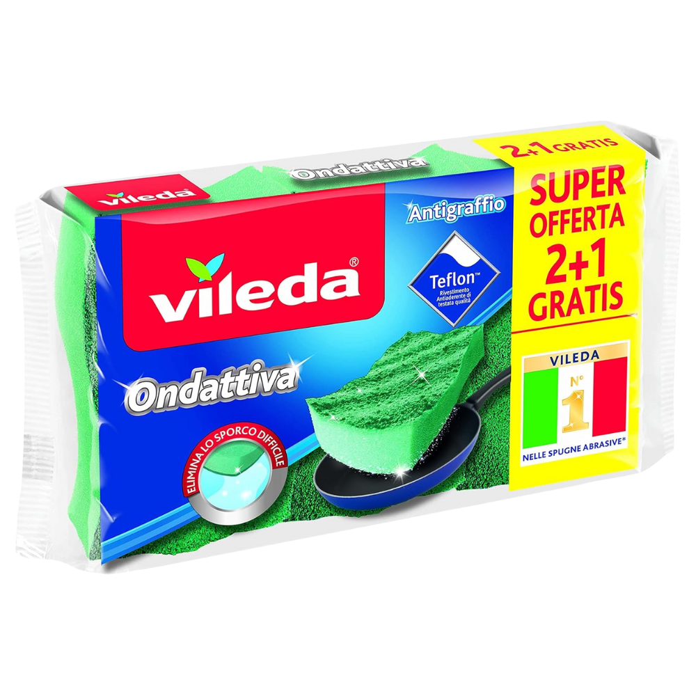 Vileda Spugna ONDATTIVA Ideale Per Le Padelle Antiaderenti e Le Superfici Delicate. L'Esclusiva Tecnologia Di Ondattiva Consente Di Rimuovere Lo Sporco Senza Graffiare Persino Sulle Superfici Più Delicate