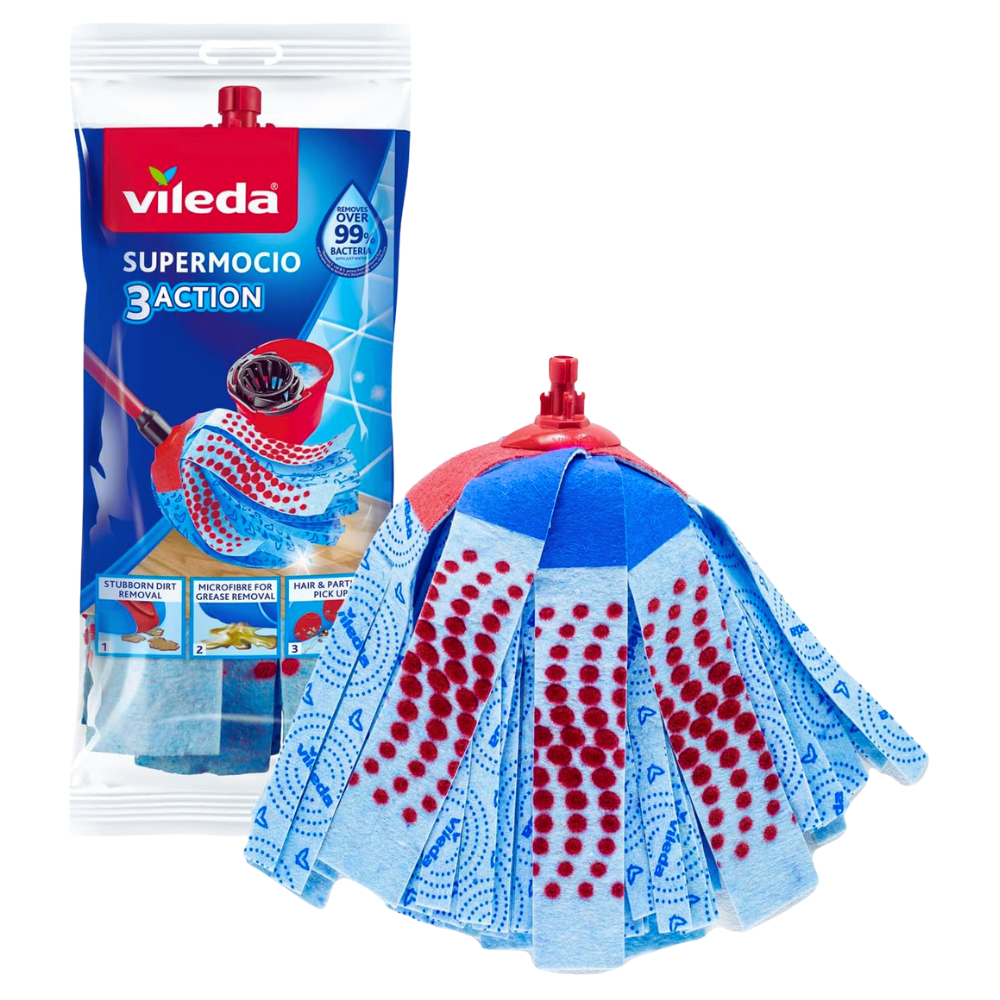 Vileda SUPERMOCIO 3 ACTION, Il Cancella Macchie, L’Abrasivo Gentile Che Rimuove Lo Sporco Più Incrostato Senza Danneggiare Le Superfici Delicate. Inoltre La Parte Interna Nell’Esclusivo Tessuto/Non Tessuto Vileda, Garantisce L’Assorbenza Di Sempre