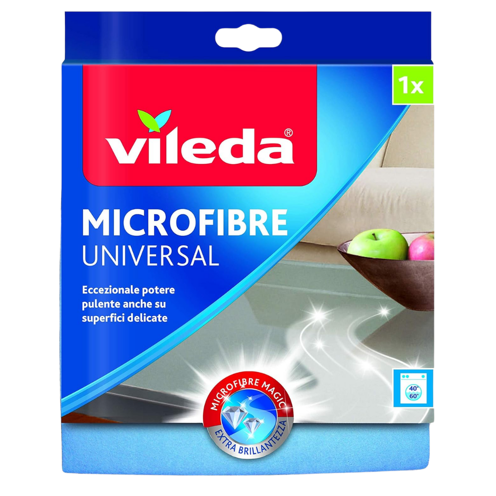Vileda Panno MICROFIBRE UNIVERSAL Multiuso. Pulisce Perfettamente Tutti i Tipi Di Superfici, Anche Le Più Delicate, Senza Lasciare Aloni. Efficiente Rimozione Dello Sporco, Anche Solo Con Acqua. Facile Da Strizzare e Risciacquare. Formato 38x36cm