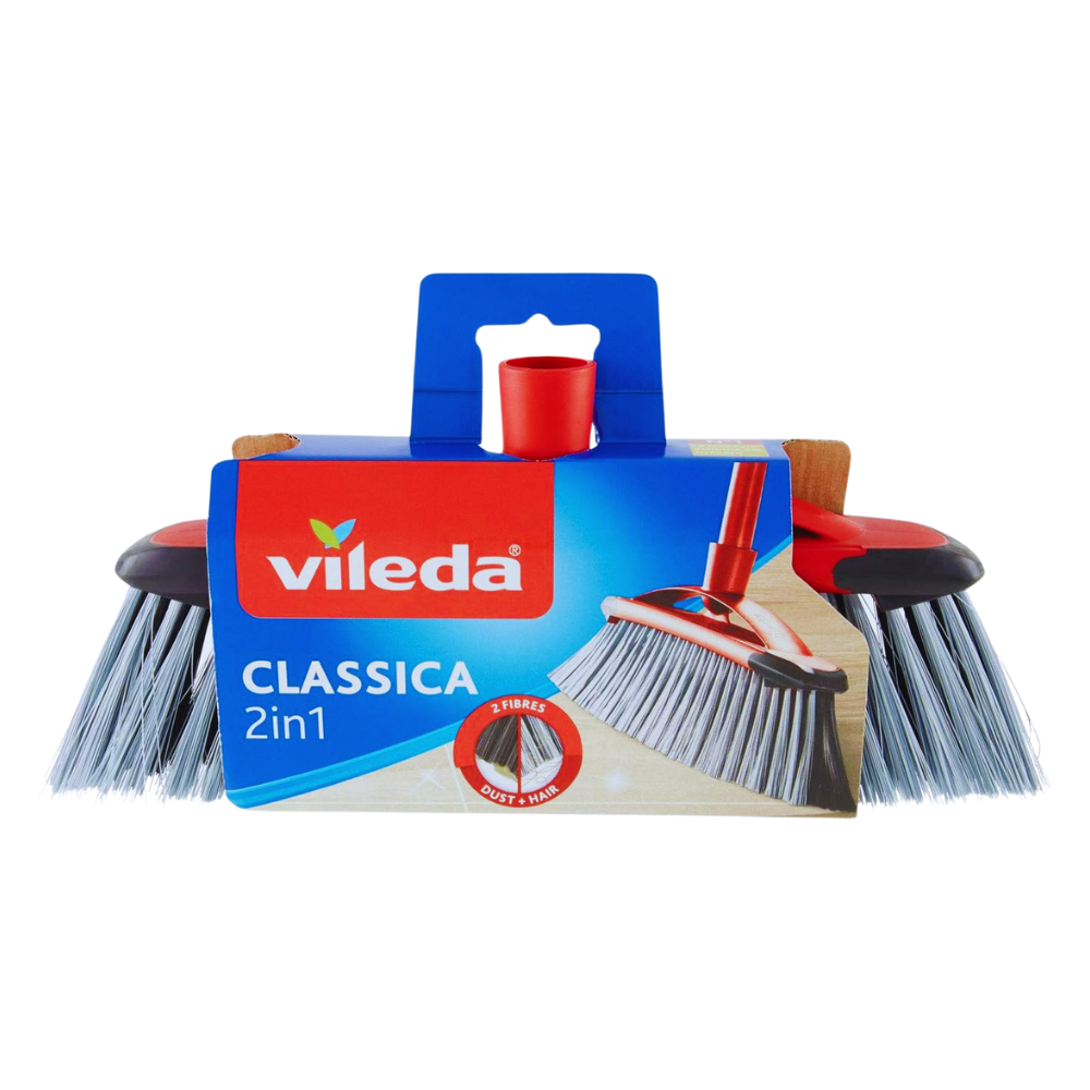 Vileda Scopa 2In1 CLASSICA Per Interni, Con Due Tipi Di Fibre, Per Polvere, Per Capelli, Con Bordo Paracolpi. Ideale Per Rimuovere Ogni Tipo Di Sporco, La Polvere Ed i Capelli In Una Sola Passata Senza Sollevarli e Disperderli Nell’Aria
