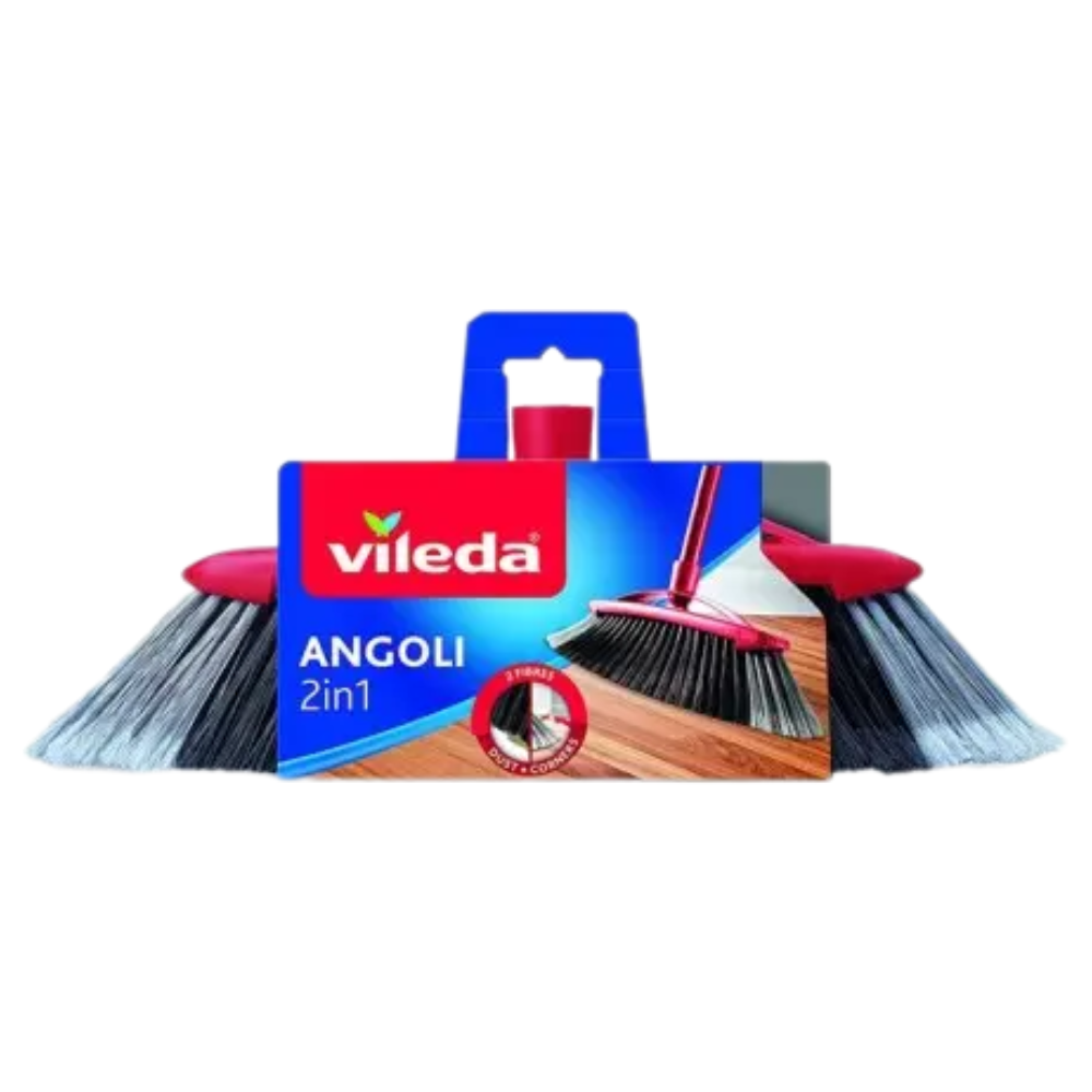 Vileda Scopa 2in1 Angoli, ideale Per Pulire Gli Spazi Più Difficili. La Particolare Inclinazione Delle Fibre Grigie Consente Di Raggiungere Gli Angoli Più Angusti. Mentre Le Fibre Nere, Raccolgono La Polvere e Lo Sporco