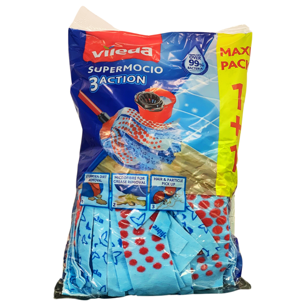 Vileda BIPACK SuperMocio 3 ACTION, Rimuove Oltre Il 99% Dei Batteri Solo Con Acqua. Cattura Lo Sporco In Modo Ottimale Grazie Alla Struttura Tridimensionale Del Panno. La Testa Del Mocio è a Forma Di Limone, Per Una Migliore Accessibilità Degli Angoli