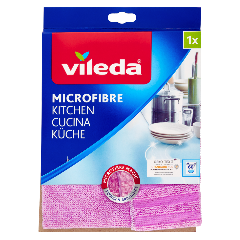 Vileda Panno MICROFIBRE CUCINA Con Un Lato In Soffice Microfibra e L’Altro Con Una Speciale Trama Dotata Di Esclusive Bande Abrasive Di Nylon, Ideali Per Rimuovere e Disincrostare, Senza Graffiare. Formato 32x32cm