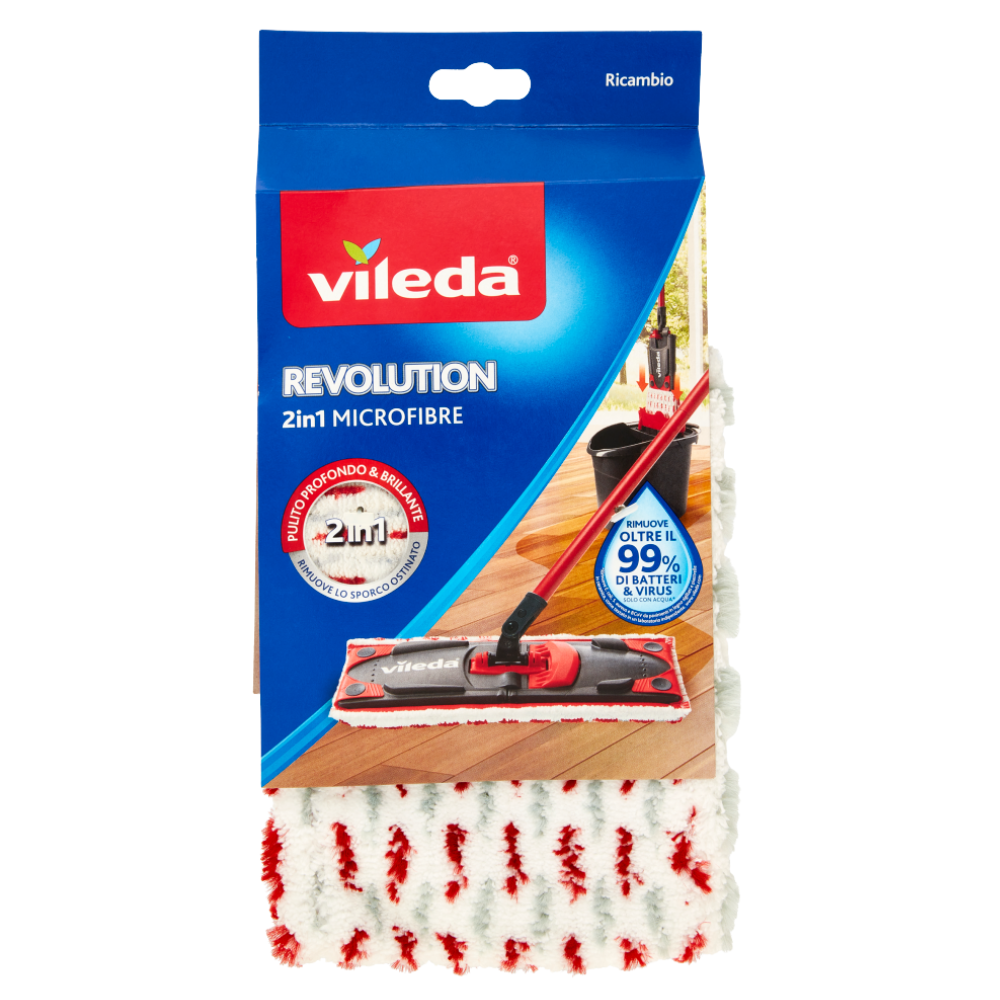 Vileda REVOLUTION 2In1 MICROFIBRE Panno Ricambio, Adatto per Revolution e Revolution Turbo. Per Tutti i Tipi Di Pavimento, Rimuove Oltre Il 99% Di Batteri Solo Con Acqua. Confezione da 1