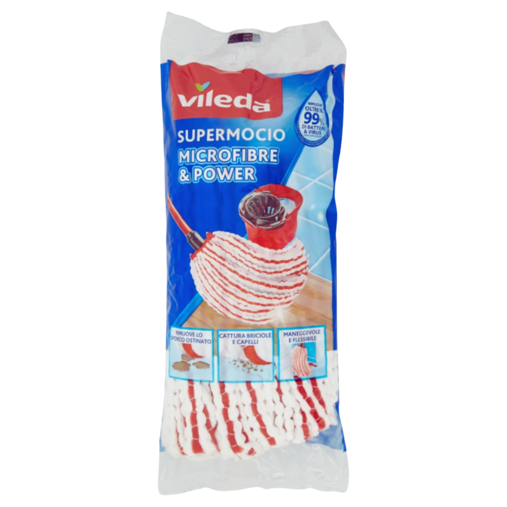 Vileda SuperMocio MICROFIBRE & POWER Ricambio. Rimuove Lo Sporco Ostinato, Cattura Briciole e Capelli, Maneggevole e Flessibile. Rimuove Oltre Il 99% Di Batteri e Virus
