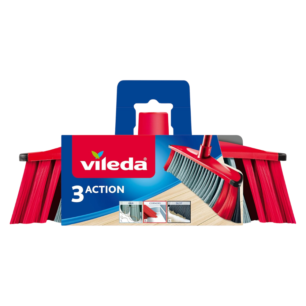 Vileda 3 ACTION Scopa Per Interni, Con 3 Diverse Setole. Scopa Cattura Polvere, Morbida, Per Angoli, Rosso/Grigio. Raccoglie Tutti i Tipi Di Sporco