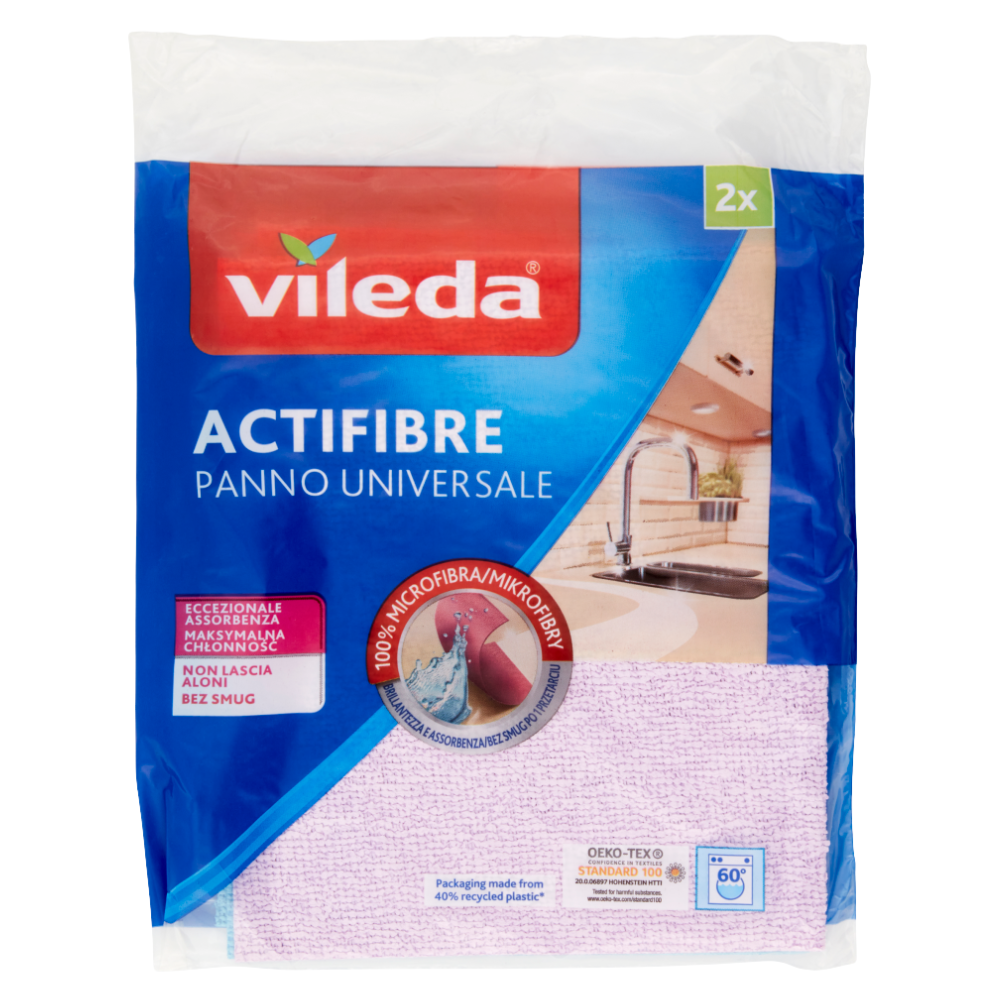 Vileda ACTIFIBRE Panno Universale, Non Lascia Aloni. Tecnologia Unica Ed Esclusiva: La Nuova Microfibra Che Pulisce Come La Migliore Microfibra Ed In Più, Grazie Al Rivestimento In PVA, Assorbe Attivamente e Trattiene i Liquidi. Confezione Da 2pz