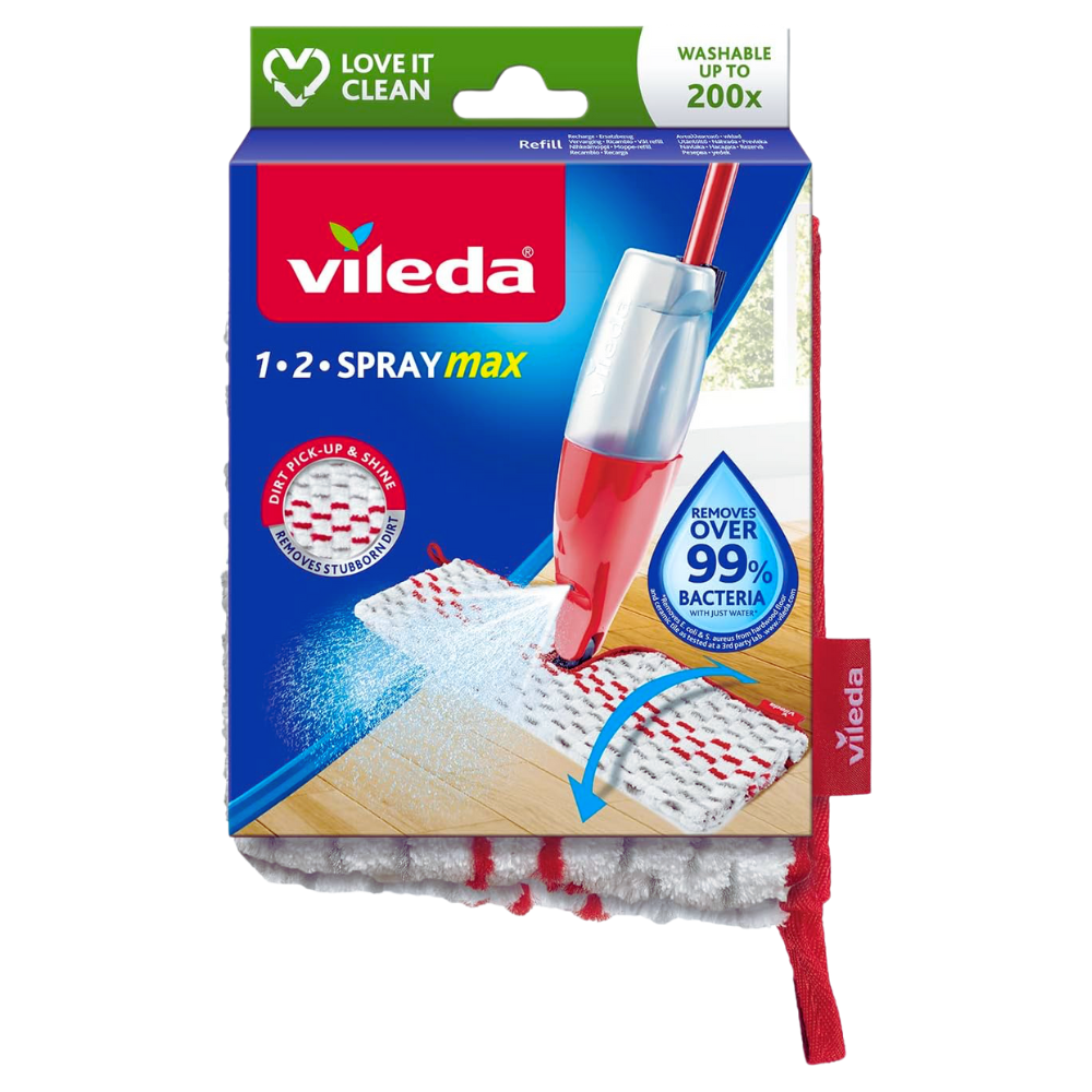 Vileda 1.2 SPRAY MAX Panno Ricambio In Microfibra Riutilizzabile, Lavabile In Lavatrice a 60°, Per Tutti i Tipi Di Pavimenti. Rimuove Oltre Il 99% Di Batteri e Virus