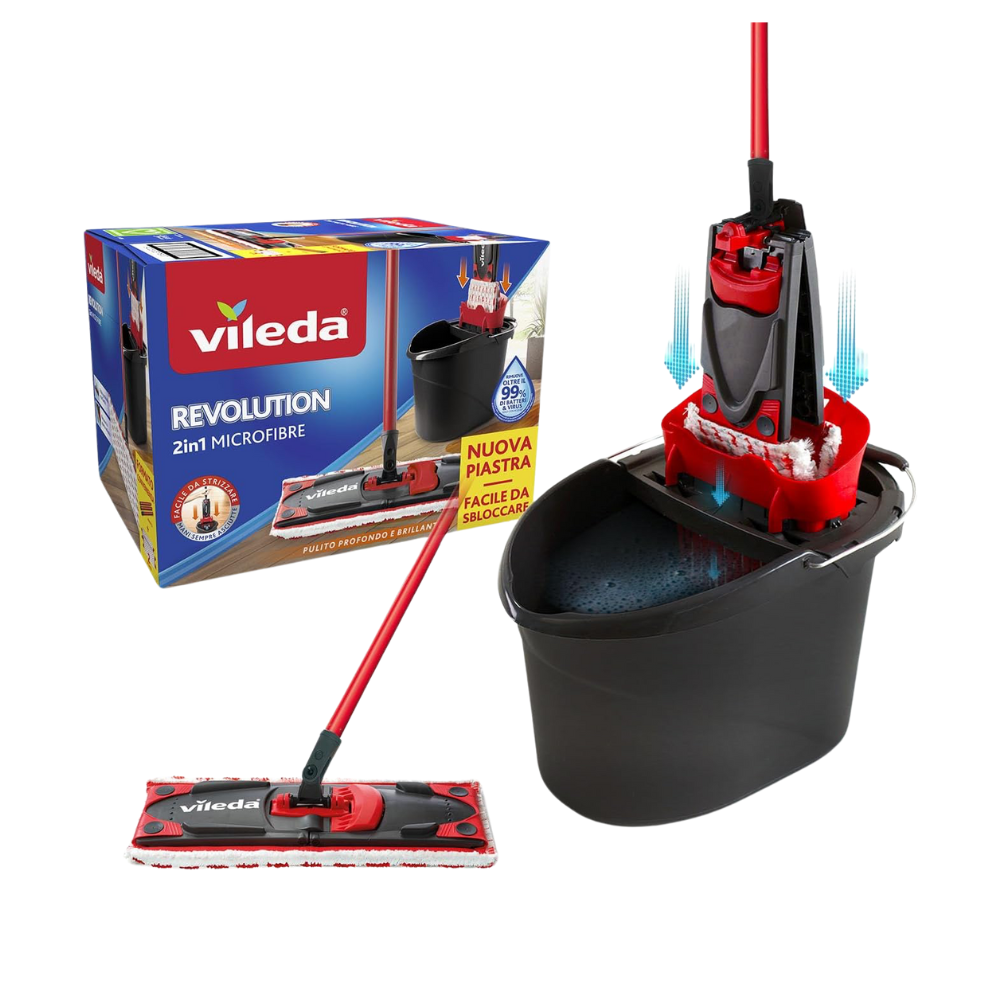 Vileda REVOLUTION 2In1 Microfibre Box, Sistema Lavapavimenti Con Secchio, Manico 3pz, 2 Panni Microfibra. Rimuove 99% Batteri, Per Un Pulito Profondo e Brillante. Rimuove Lo Sporco Ostinato