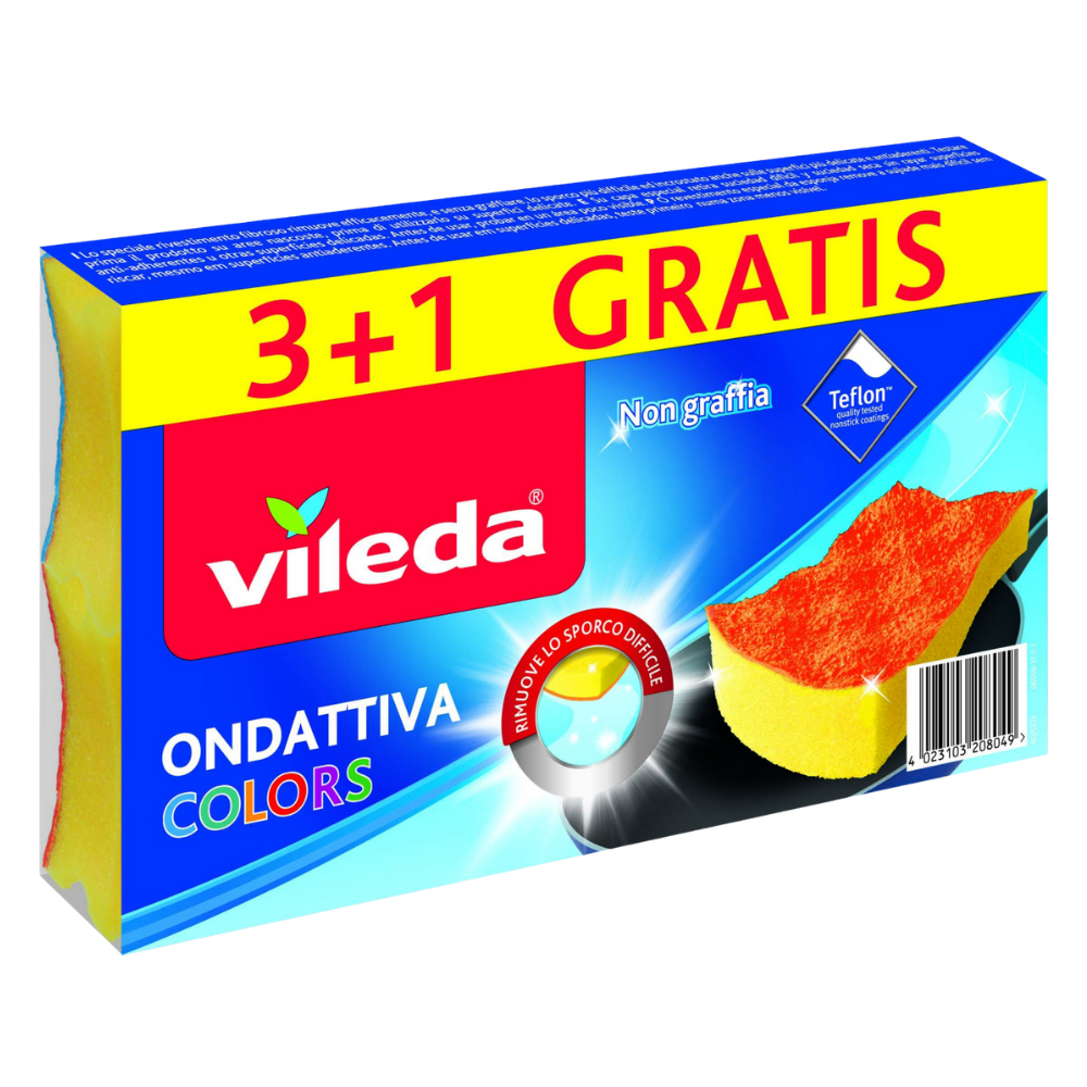 Vileda Spugna ONDATTIVA COLORS, Spugna Da Cucina Abrasiva e Antigraffio Ideale Per Pulire Le Padelle Antiaderenti e Le Superfici Delicate. Studiata Per Pulire In Modo Efficace Le Superfici Senza Il Rischio Di Graffiarle. Confezione Da 3+1 Spugne