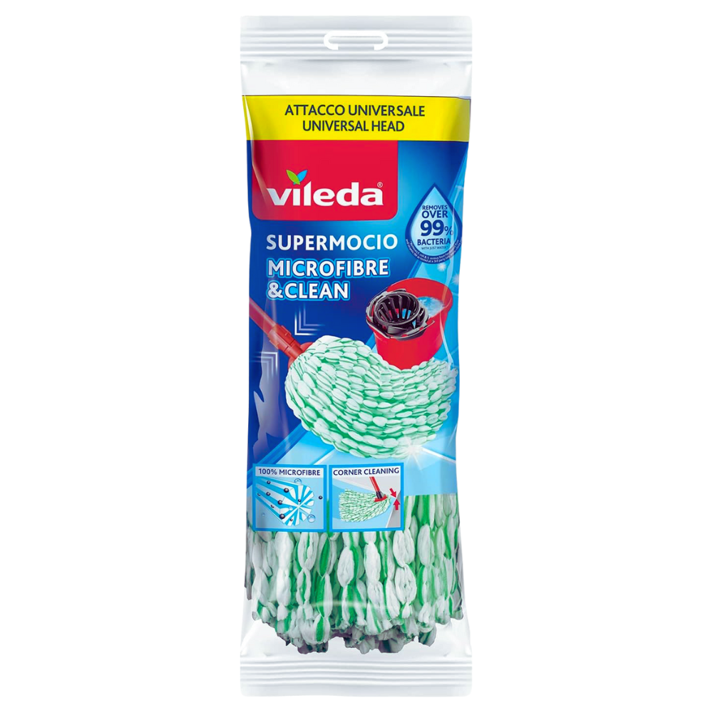 Vileda SuperMocio MICROFIBRE & CLEAN, Rimuove Oltre 99% Dei Batteri Anche Solo Con Acqua Da Pavimenti In Legno e Piastrelle In Ceramica. Compatibile Con Manici e Con Attacchi a Vite Universali