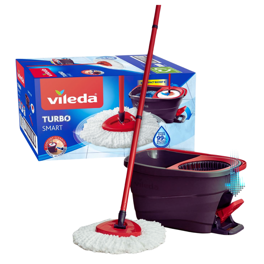 Vileda TURBO SMART, Set Completo Di Secchio, Manico e Fiocco. Sistema Lavapavimenti a Pedale: Elevata Funzionalità, Pulizia Pavimenti Comfortevole, Rimuove Oltre Il 99% Dei Batteri e Virus, Microfibra In Poliestere