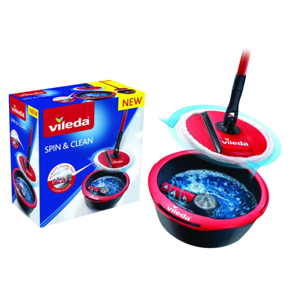 Vileda SPIN & CLEAN , Lavapavimenti Con Sistema Di Strizzatura Manuale Attivabile Attraverso Il Manico, Set Per La Pulizia Dei Pavimenti Con Secchio, Rullo Pulente, Piastra, Panno 100% Microfibra
