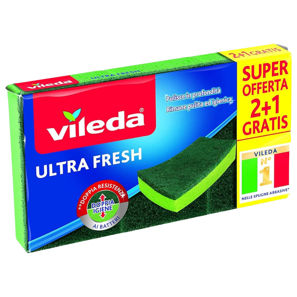 Vileda Spugna Abrasiva ULTRA FRESH Con Doppio Trattamento Antibatterico, Presente Sia Sulla Parte Fibrosa Che Spugnosa, Garantendo Una Doppia Protezione e, Quindi, Rende L'Abrasivo Igienico Più a Lungo. Confezione Da 2+1