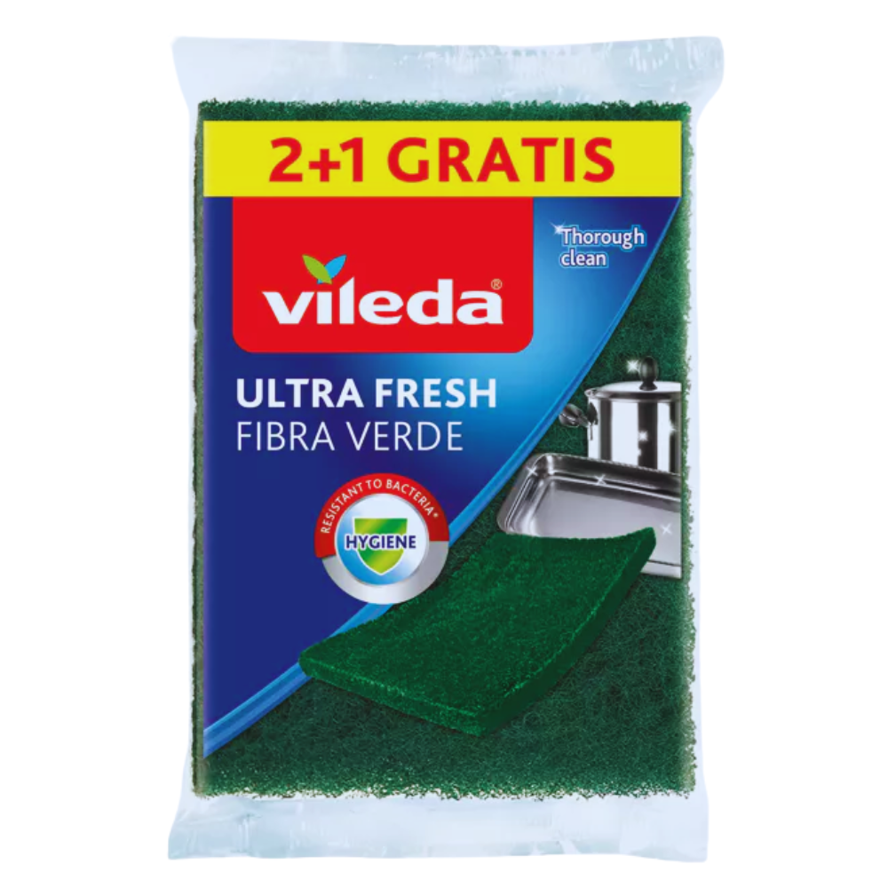 Vileda Spugna ULTRA FRESH Fibra Verde, Per Pulire Lo Sporco Più Ostinato. La Parte Abrasiva Contiene L'Ingrediente Antibatterico Cloruro D'Argento Per Inibire La Proliferazione Dei Batteri. Confezione Da 2+1 Di Spugne