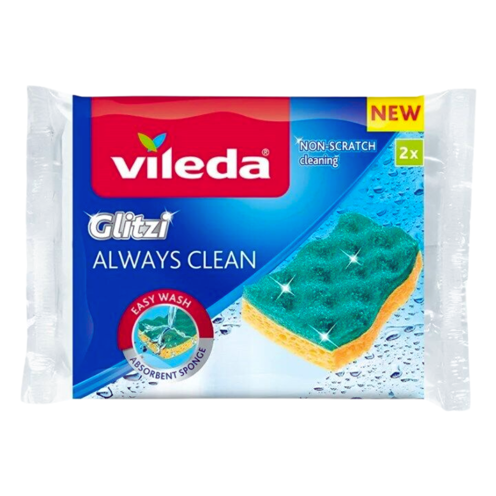 Vileda Spugna GLITZI ALWAYS CLEAN L'Alleato Perfetto Per La Pulizia Della Casa. Rimuove Facilmente Lo Sporco Più Ostinato Senza Graffiare Le Superfici. Confezione Da 2 Spugne