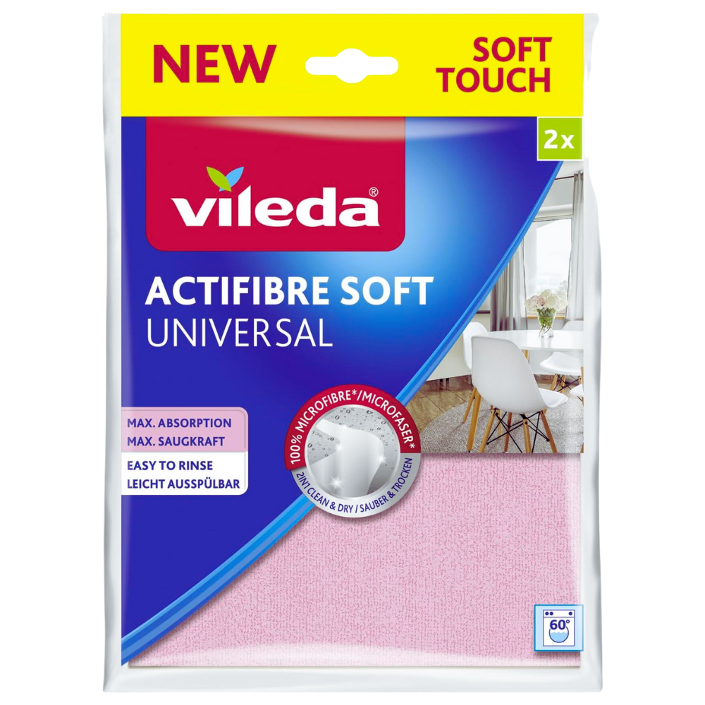 Vileda ACTIFIBRE SOFT UNIVERSAL, Oltre Al Potere Pulente Della Microfibra, Sarete Stupiti Dall'Eccezionale Assorbenza e Grazie Al Morbido Rivestimento In Poliuretano, Risulta Più Soffice, Piacevole Al Tatto. Confezione Da 2 Panni