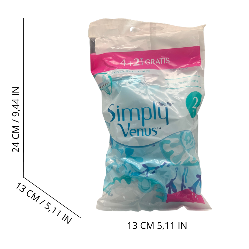 VENUS Confezione Da 6 Rasoi a 2 Lame Usa e Getta SIMPLY. Con Manico Ergonomico, Banda Idratante Per Uno Scorrimento Facilitato, Striscia Lubrificata Arricchita Con Aloe
