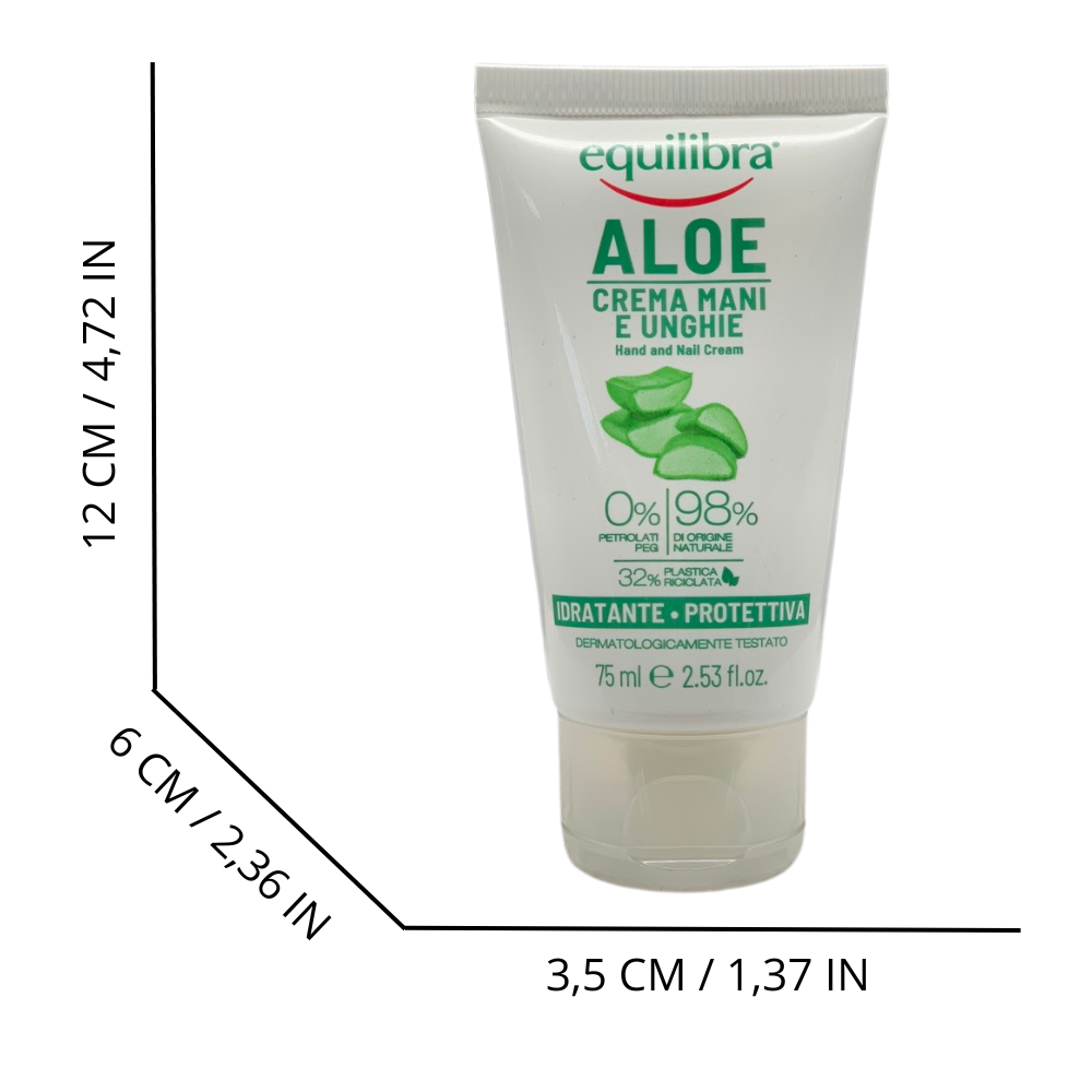 EQUILIBRA Crema Mani e Unghie ALOE, Idratante e Protettiva Con Aloe Vera 40%. Contiene Olio di Mandorle Dolci, Burro di Karitè, Glicerina Vegetale e Vitamina E 75ml
