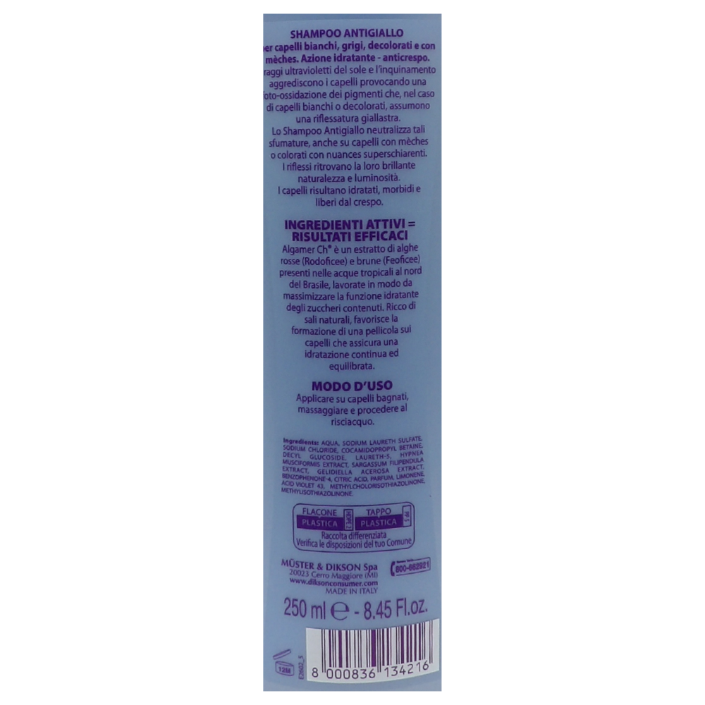 DIKSON Shampoo AG, ANTIGIALLO, Non Colora i Capelli. Neutralizza Le Sfumature Gialle Dei Capelli, Con ALGAMER CH 250ml