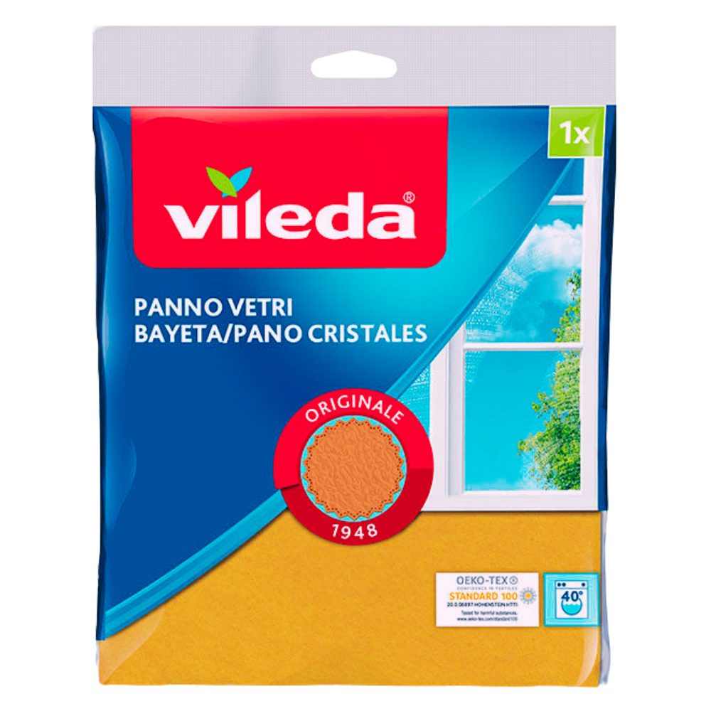 Vileda PANNO VETRI, Composto Da Fibre Della Più Elevata Qualità. Aderisce Perfettamente Alla Superficie, Garantendo Così Una Pulizia Perfetta, Senza Aloni, Di Vetri, Specchi e Cristalli. Formato 40x36cm