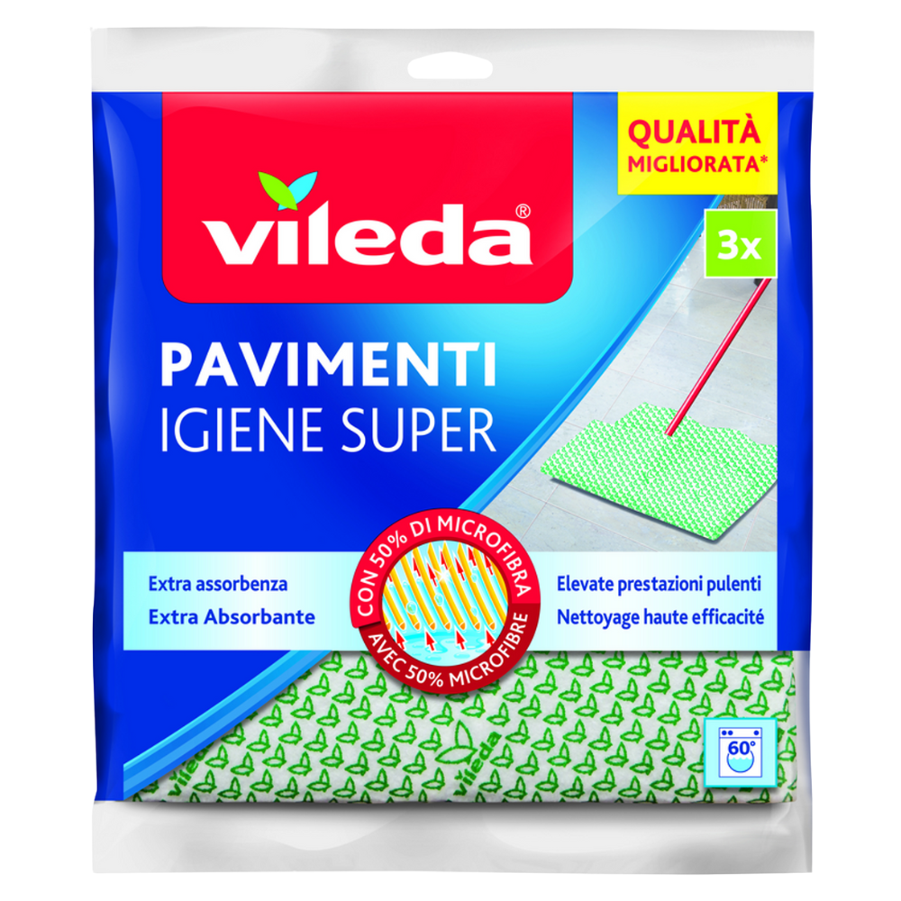 Vileda Confezione Da 3 Panni PAVIMENTI IGIENE SUPER Con 50% Di Microfibra. Aderisce Perfettamente Allo Spazzolone, Scorre Facilmente Sul Pavimento. Extra Assorbenza, Elevate Prestazioni Pulenti. Formato 50x45cm