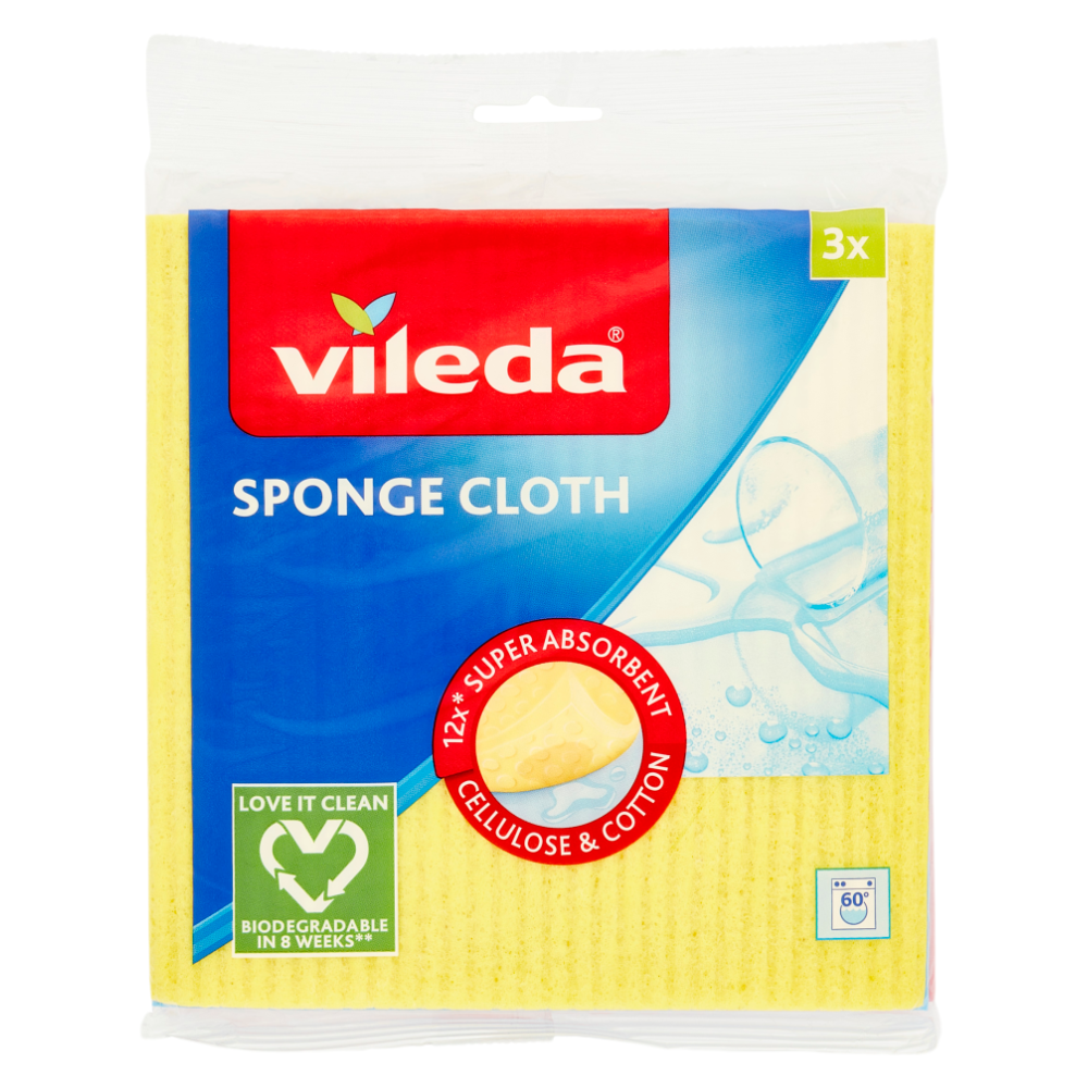Vileda Panno Spugna -SPONGE CLOTH- Assorbe Fino a 12 Volte Il Suo Peso Da Asciutto Ed è Biodegradabile. La Superficie Del Panno, Uniforme e Resistente, Non Si Deteriora Dopo Diversi Utilizzi. La Confezione Contiene 3 Panni Spugna