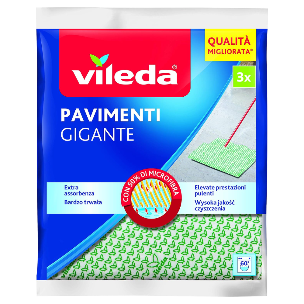 Vileda Confezione Da 3 Panni PAVIMENTI GIGANTE, Con 50% Di Microfibra Per Favorire Elevate Prestazioni Pulenti. Aderisce Perfettamente Allo Spazzolone, Scorre Facilmente Sul Pavimento. Extra Assorbente, Elevate Prestazioni Pulenti. Formato 60x50cm