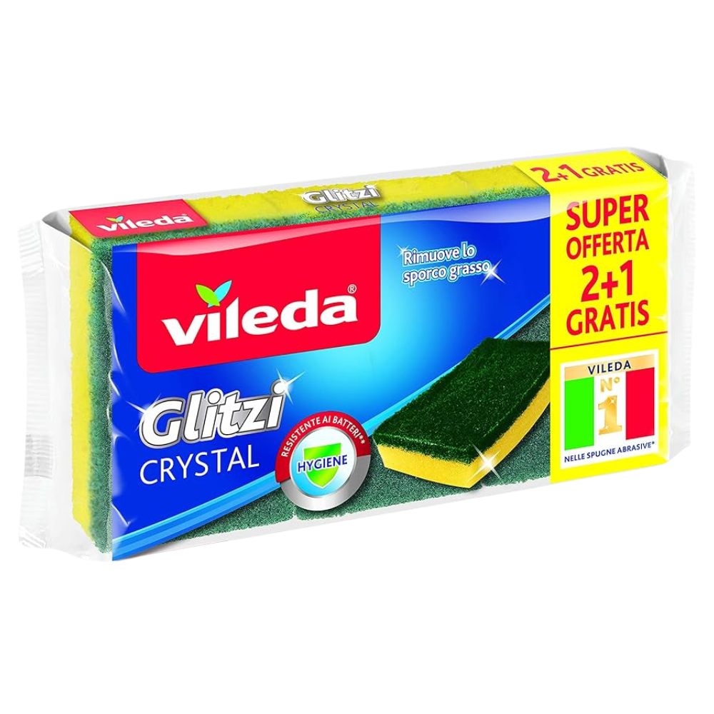 Vileda GLITZI CRYSTAL Spugna Abrasiva Da Cucina, Con Trattamento Antibatterico Sulla Fibra. Perfetta Per Eliminare Efficacemente Tutti i Tipi Di Sporco. Confezione Da 3 Spugne