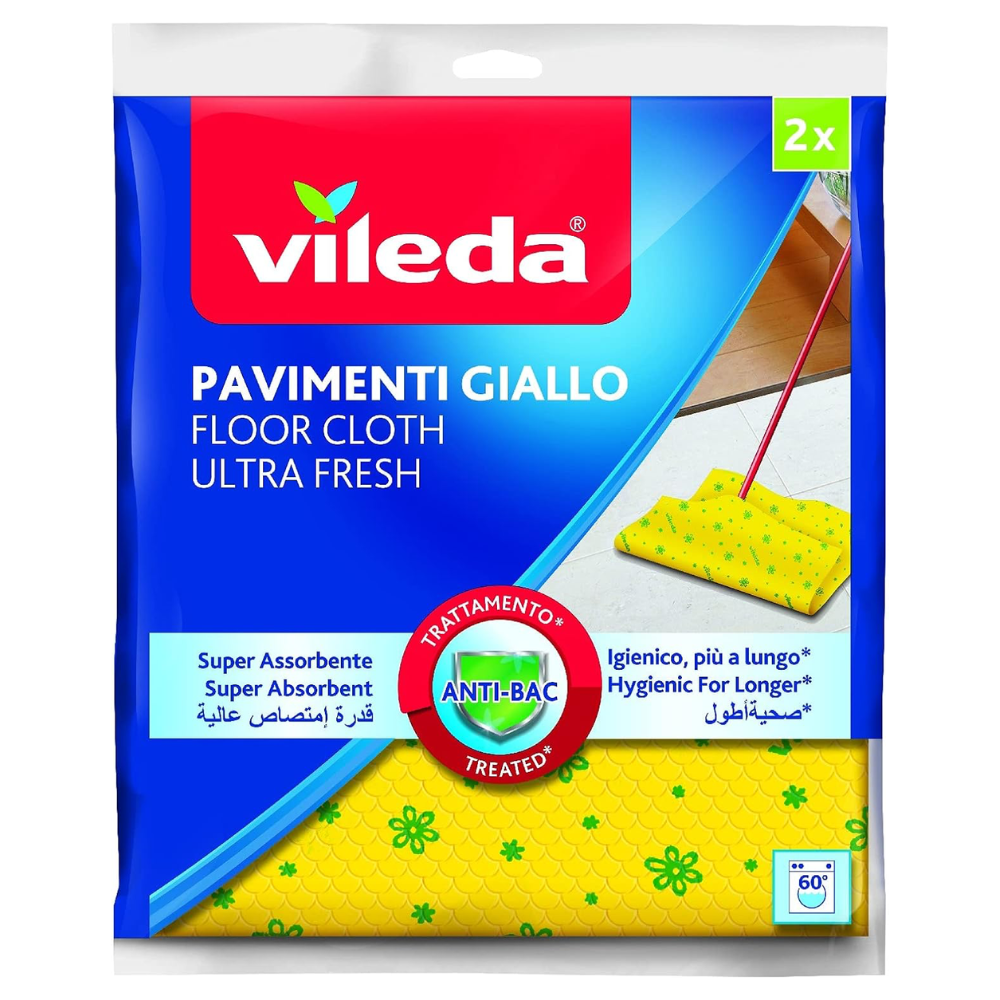 Vileda Confezione Da 2 Panni PAVIMENTI GIALLO, Super Assorbente. Igienico Più a Lungo, La Riduzione Della Proliferazione Dei Batteri Aiuta a Mantenere Il Panno Più Igienico e a Prevenire L'Insorgere Di Cattivi Odori. Formato 60x50