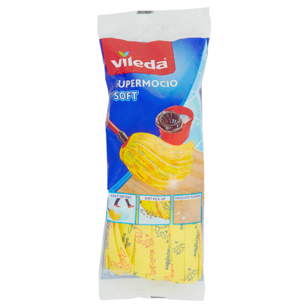 Vileda SUPERMOCIO SOFT Fiocco Ricambio, Indicato Per La Pulizia Del Parquet e Di Tutte Le Superfici Delicate. Grazie Alla Composizione Dei Materiali a Doppio Strato Ed Ai Suoi Microfori è Ancora Più Assorbente. Confezione Da 1pz