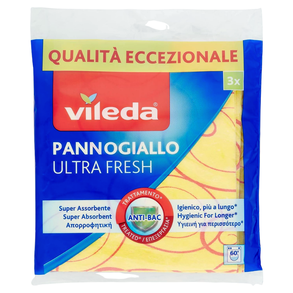 Vileda Confezione Da 3pz, PANNOGIALLO ULTRA FRESH, Super Assorbente. In Tessuto-Non-Tessuto, Estremamente Morbido Ed Assorbente. Indicato Per Tutti i Tipi Di Superfici, In Particolare Le Più Delicate. Formato 34x34