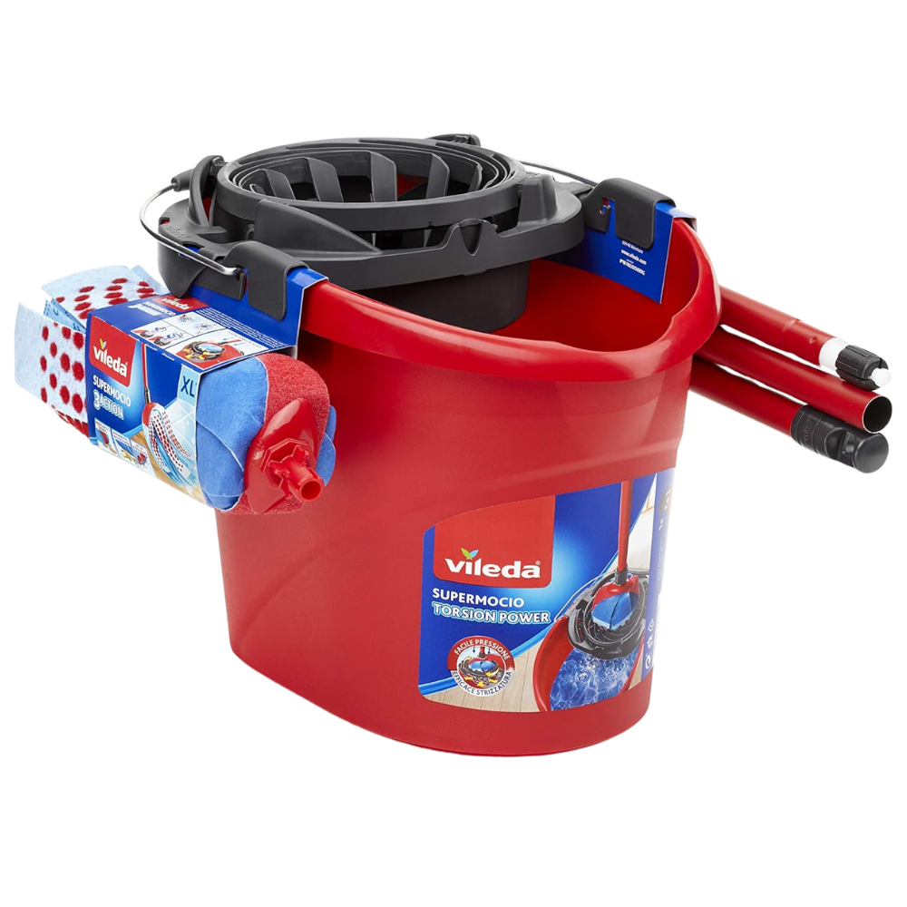 Vileda SuperMocio Sistema Lavapavimenti, Set Con Strizzatore TORSION POWER, 1 Fiocco 3ACTION XL, 1 Manico 3 Pezzi, ‎Rosso, 45 x 33 x 32cm