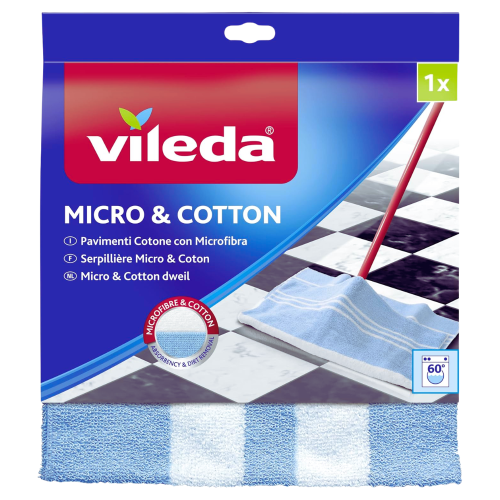 Vileda Panno Pavimenti MICRO & COTTON Con Cotone Assorbente, Per Ogni Tipo Di Pavimento, Lavabile In Lavatrice. Formato 50x50 cm