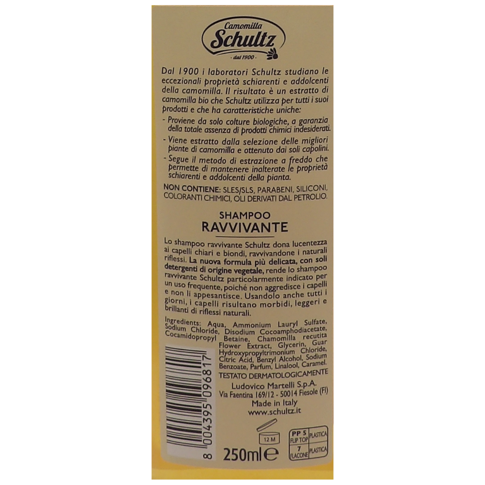 SCHULTZ Shampoo Ravvivante Ultradelicato, 100% Camomilla Bio per Capelli Chiari, Dona Lucentezza, 250ml