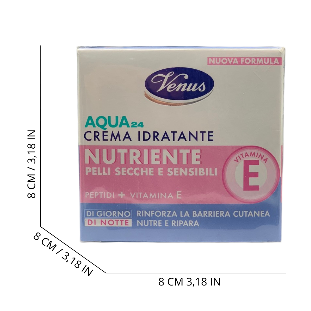 VENUS Crema Idratante Viso AQUA24 NUTRIENTE, Per Pelli Secche e Sensibili. Con Peptidi e Vitamina E. Rinforza La Barriera Cutanea, Nutre e Ripara. Una Sinergia Giorno e Notte 50ml